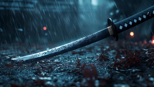 Rain‑soaked katana rests on wet ground under cold light.