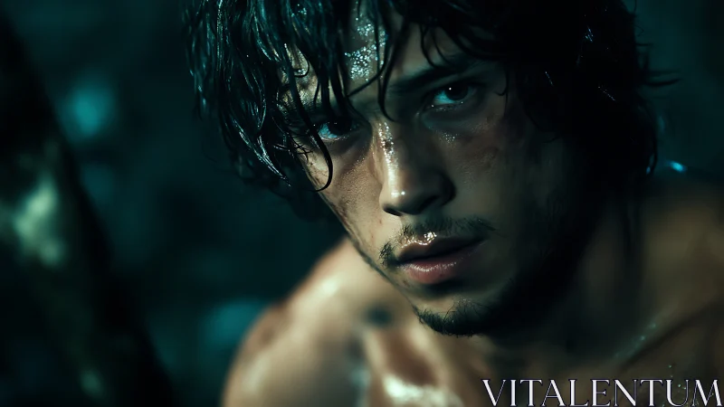 Sweat-slicked survivor locks a storm-bright gaze on danger