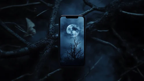 Smartphone display framing full moon over barren tree at night