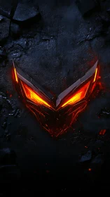 Luminous angular emblem with molten core on dark rock.