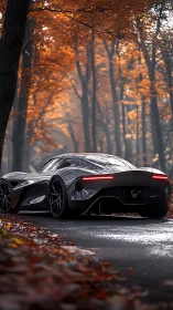 Futuristic graphite hypercar beneath misty autumn canopy.