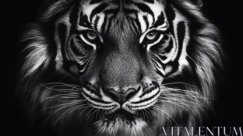 Monochrome tiger portrait isolates piercing frontal gaze