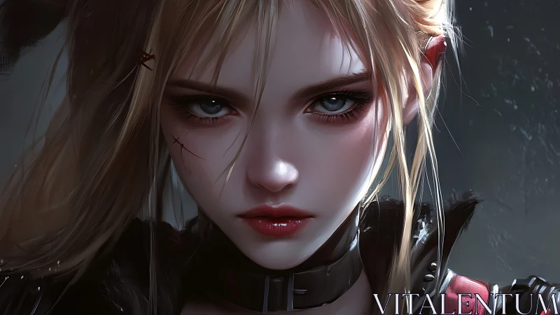 Scarred blonde warrior stares forward with cold resolve