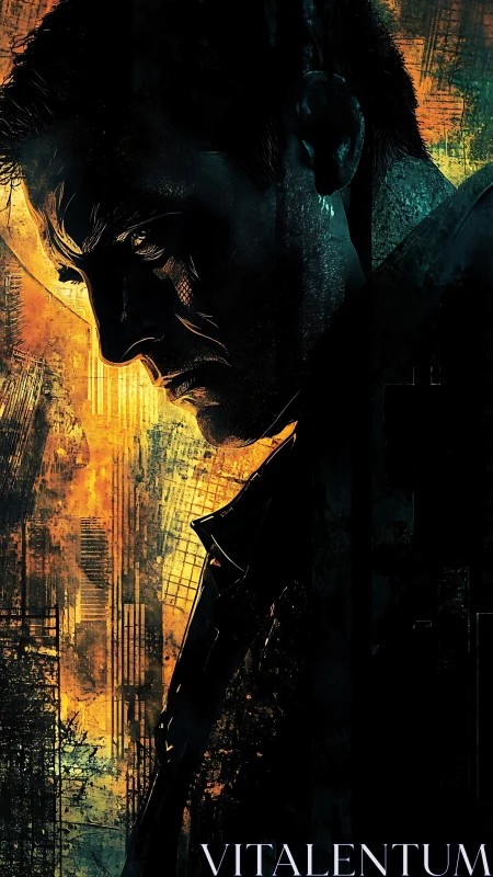 Brooding male silhouette against distressed urban glow.