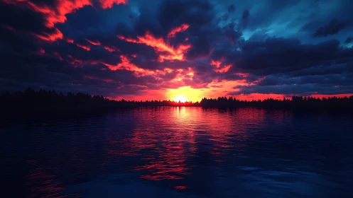 Vivid lake sunset under storm clouds with neon reflections.