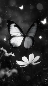 Monochrome butterfly moves above flowers in shallow focus