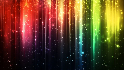 Vertical rainbow light streaks with glowing particle haze.