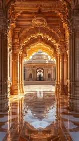 Golden temple corridor glows with intricate arches at sunrise