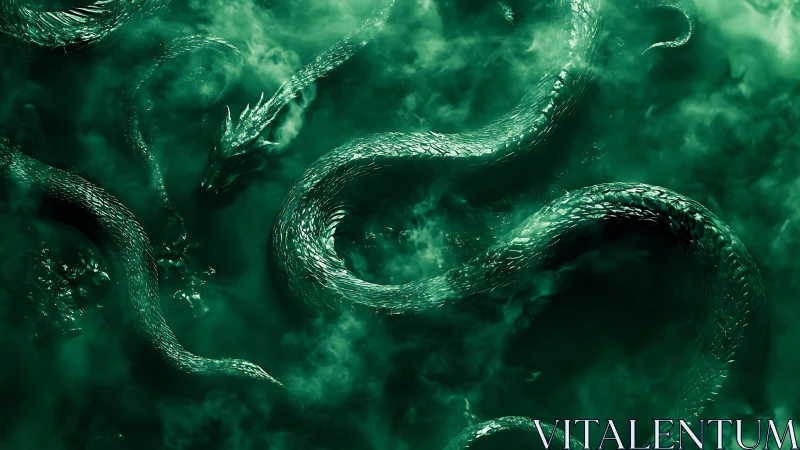 Serpentine dragon coils through emerald mist in dynamic perspective