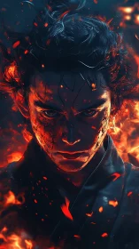 Fierce warrior portrait engulfed in dynamic inferno lighting.