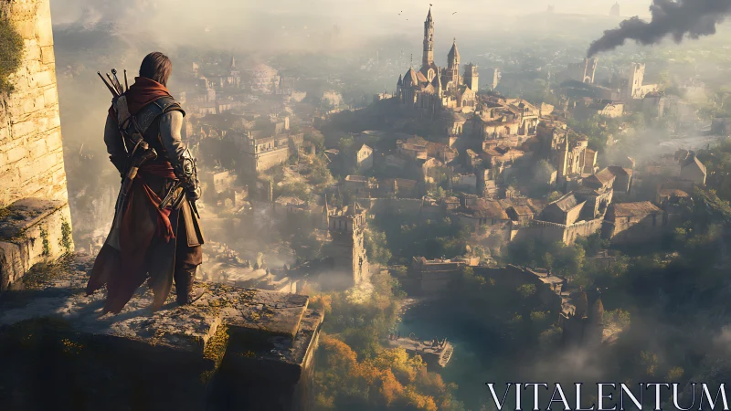 Lone cloaked ranger surveys misty medieval fortress city.