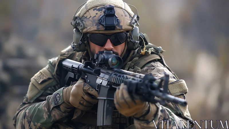 Soldier aims assault rifle with optics during field operation