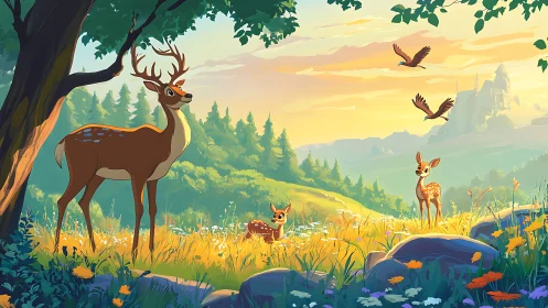 Stag and fawns in sunlit meadow near distant castle.