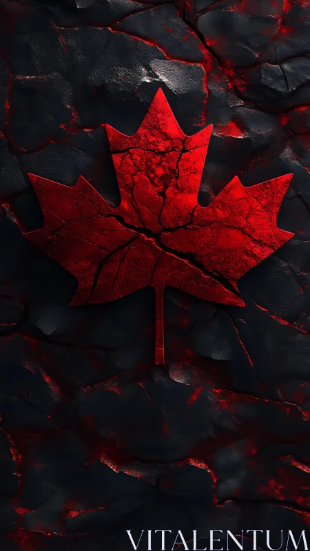 Cracked red maple leaf over dark textured cracked surface.