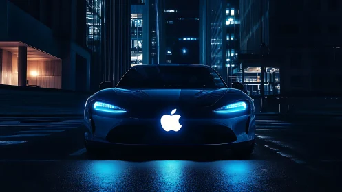 Futuristic electric sports car with glowing logo at night.