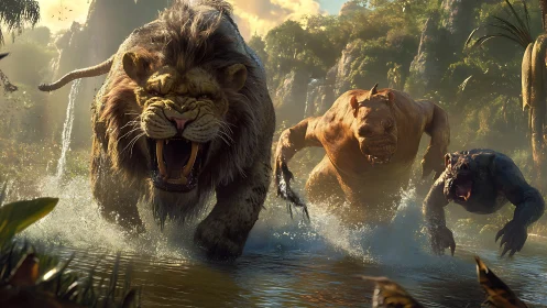 Primal Fury Unleashed: Three Beasts Charge Through Mystic Jungle Waters.