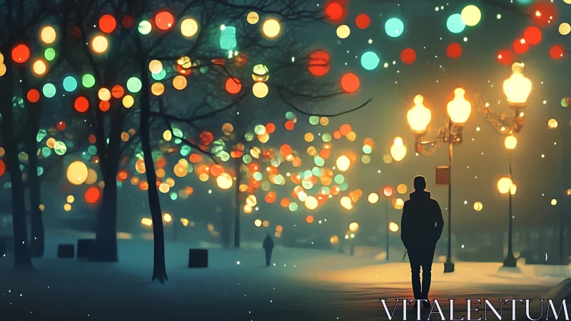 Winter night stroll under dreamy city park lights.