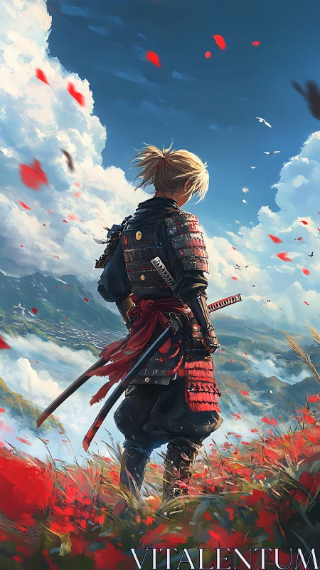 Samurai warrior on poppy hillside with dual katanas, backlit sky