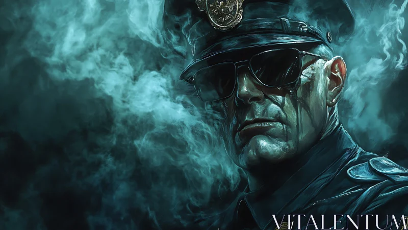 Smoky teal-lit officer portrait with high-contrast digital rendering