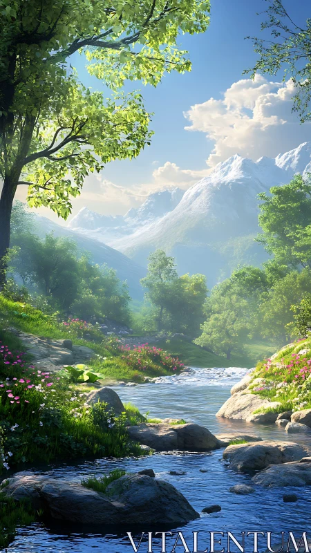Sunlit alpine river valley with florals and distant peaks.