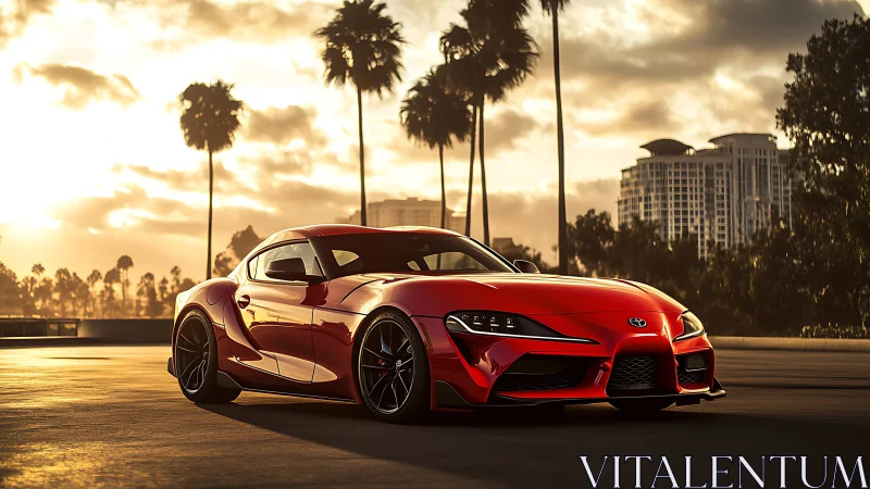 Red Toyota sports coupe parked on city rooftop at sunset