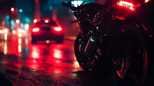 Midnight superbike prowl in neon soaked city streets.