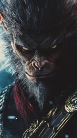Simian warrior portrait with detailed fur and armor design.