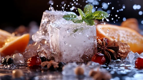 Ice cube with water droplets showing refraction and crystalline structure.