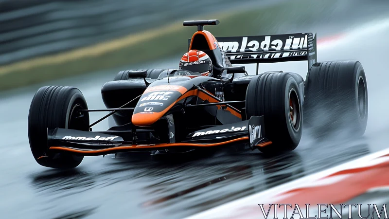 Orange-black formula racer slicing through wet circuit.