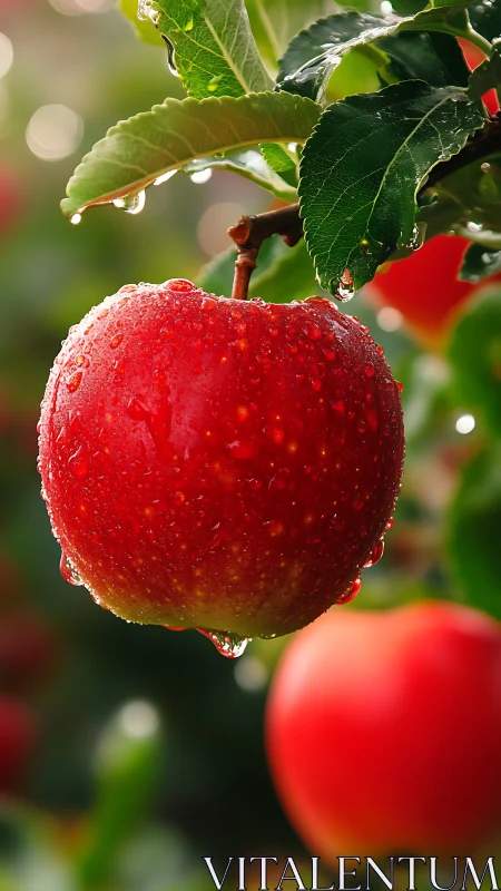 Rain-kissed orchard jewel dangling in soft morning light.