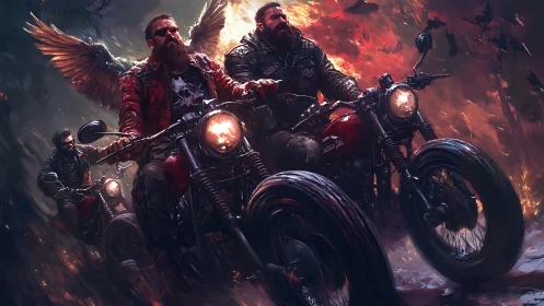 Winged biker convoy in infernal digital painting composition.