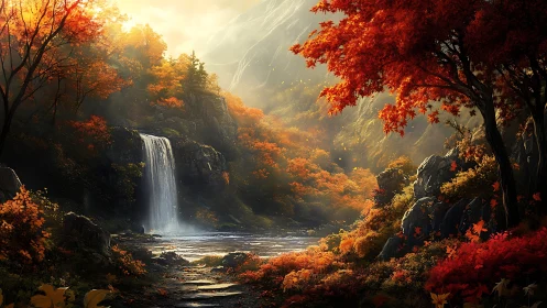 Autumn forest valley with waterfall and river under sunlight.