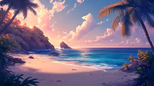 Tropical Cove Sunset: Digital Landscape with Golden Hour Illumination