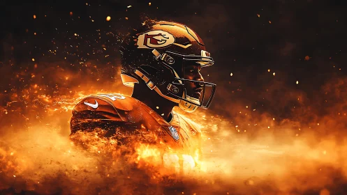 American football portrait merges player with dynamic firestorm