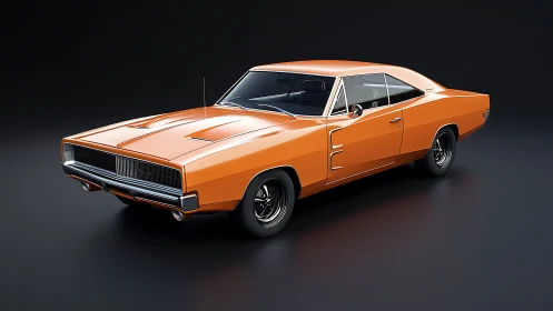 Orange classic muscle car rendered on dark studio background.