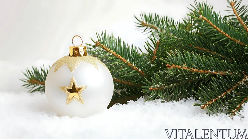 White Christmas bauble with gold star beside fir sprig.
