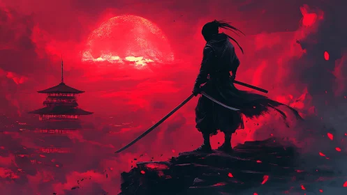 Lone samurai greeting a blazing crimson sunset sky.