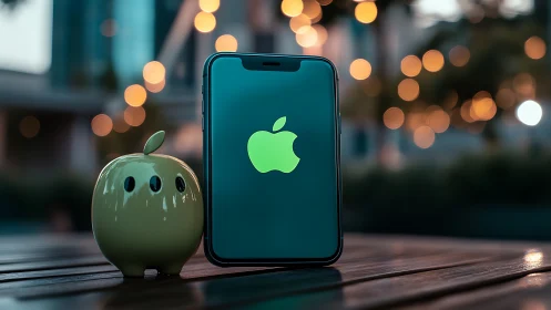 Apple iPhone Glows with Green Logo Beside Decorative Sphere.