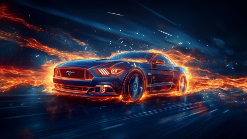 Blue sports car racing through fire and glowing sparks.