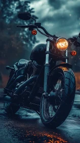 Low-angle wet street study of black cruiser motorcycle in rain