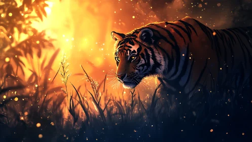Majestic tiger stalks through glowing twilight jungle scene.