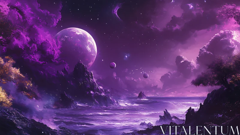 Violet oceans under moonswept skies on a distant world.
