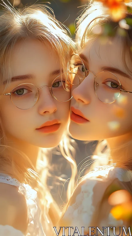 Golden hour portrait shows twin girls in round glasses