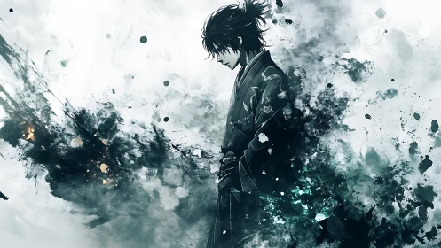Solitary samurai stands within explosive ink storm.