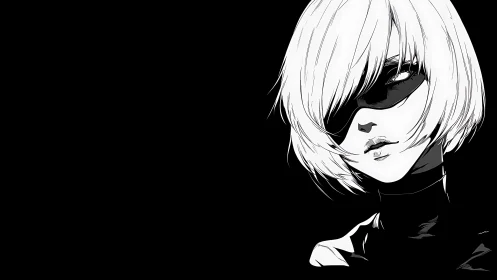 Monochrome cyber heroine framed in quiet negative space.