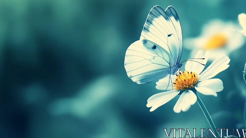 White butterfly on daisy flower in soft cyan background.