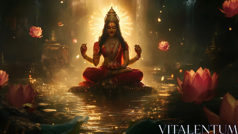 Radiant goddess in lotus pond glowing with gentle serenity.