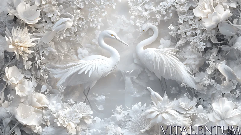 Graceful white cranes in a dreamy blossom-filled sanctuary.