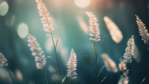Sunlit wild grasses sway softly in dreamy teal bokeh haze