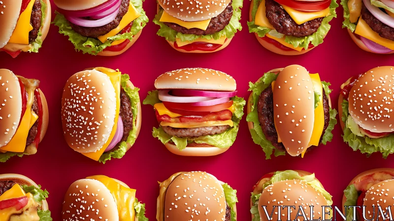 Repetitive arrangement of cheeseburgers on solid red background.
